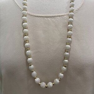 Vintage White Satin Bead Necklace with Gold Tone Spacers